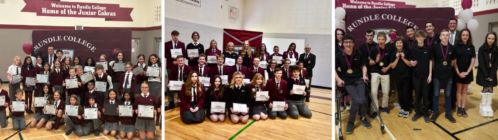 Three photos: a large group of elementary students posing with the Head of School; a group of Rundle Academy students posing with their awards; and Rundle Studio students posing with their medals alongside the Head of School
