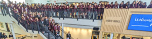 An aerial photo of the crowd in Belt Hall during the naming announcement.