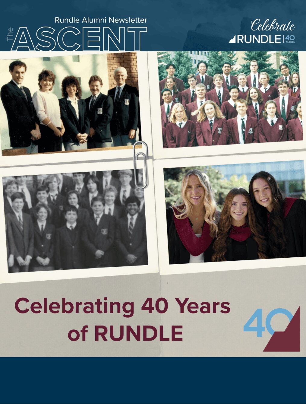 Cover of The Ascent Newsletter for Fall 2025 that reads "Celebrating 40 Years of Rundle" and shows four archival photos of Rundle